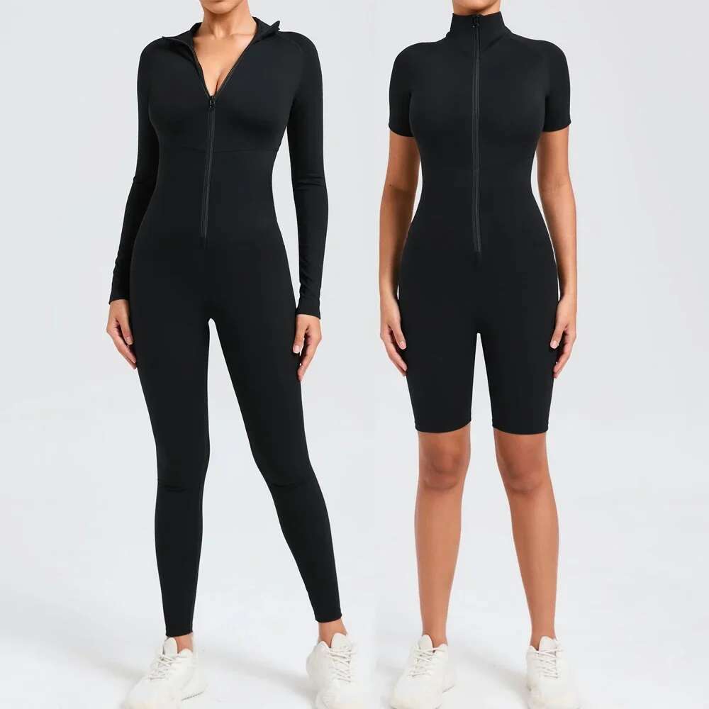 Full Body Sport Jumpsuit Women Sportswear Zipper Fiess Short Overalls Workout Clothing One Piece Yoga Set Tracksuit Gym Wear