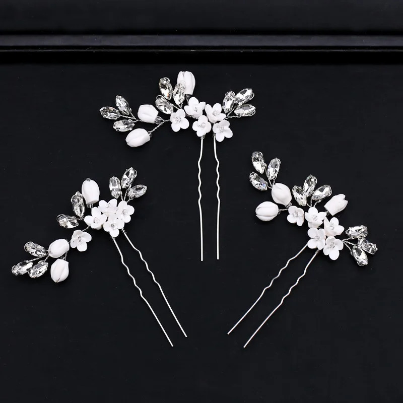 Exquisite Girls Hair Accessories Silver Rhinestone Clay Flower Headwear Wedding Bridal Hair Forks 250610