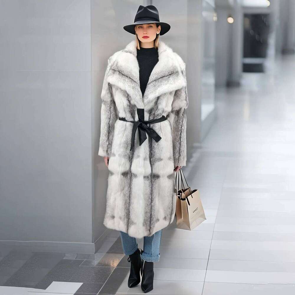 Winter Long Jacket Women Real Natural Rabbit Fur A-Line Coat Thick Warm With Belt Outerwear Streetwear Casual Big Collar 240904