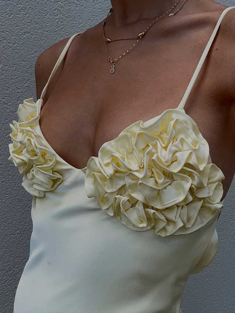 Satin 3D Flower Yellow Dress Women Slip V-neck Sleeveless Backless Lace Up Dresses 2025 Summer Lady Party Evening Slim Lady Robe XJ250610