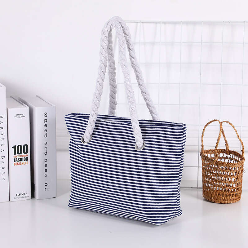 Hot Selling Fashion Women's Handbag Tote Shopping Korean Classic Striped Beach Large Capacity Canvas Bag