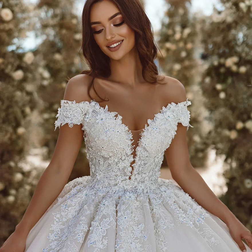 Floral Arabia Off The Shoulder Wedding Dresses Sleeveless Appliques Beaded Beach Bridal Gowns Custom Made Tulle Vestido de Novia