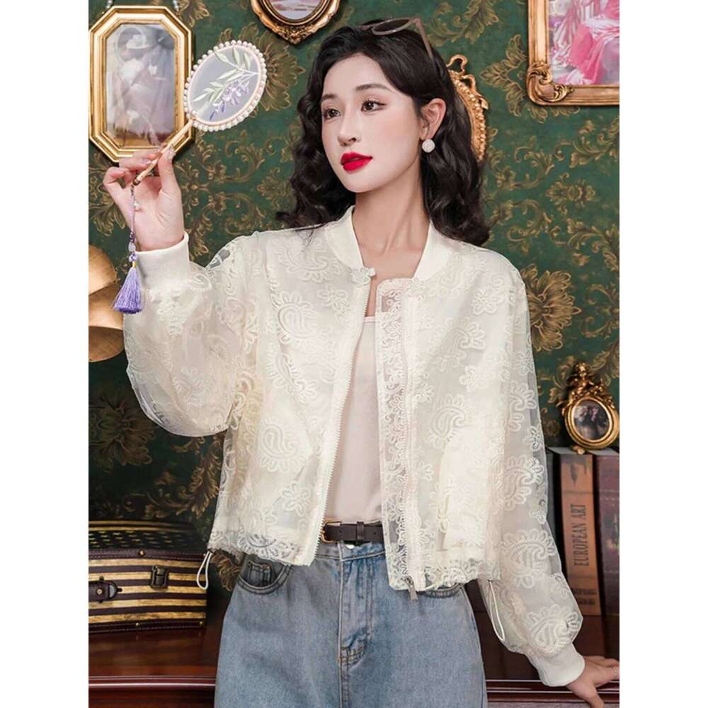 Fashion Embroidered Sunscreen Short Coat Women 2025 Spring Summer New Lace Mesh Jacket