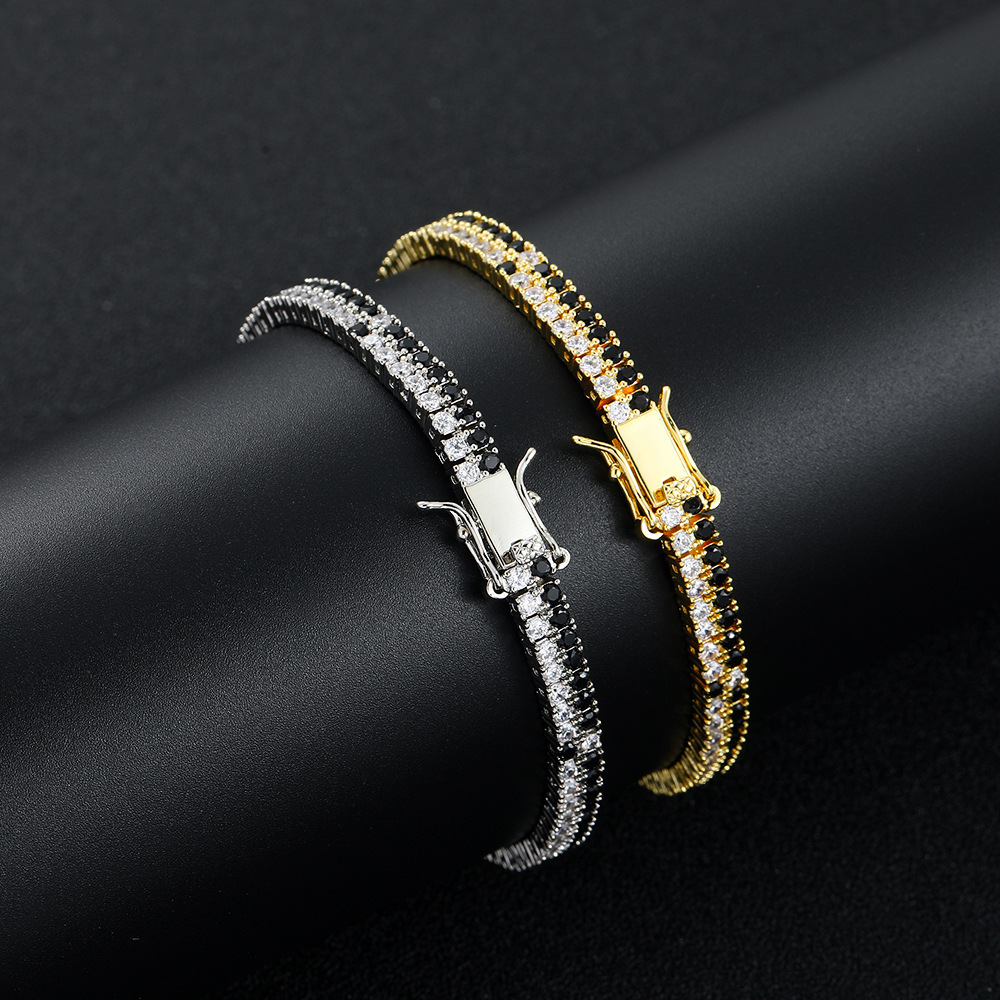 Wolf Tide Hip Hop Black And White Cubic Zirconia Tennis Bracelet Copper Inlaid Black And White Double Row Cz Stibes Sparkly Diamond Chains Bangle New 