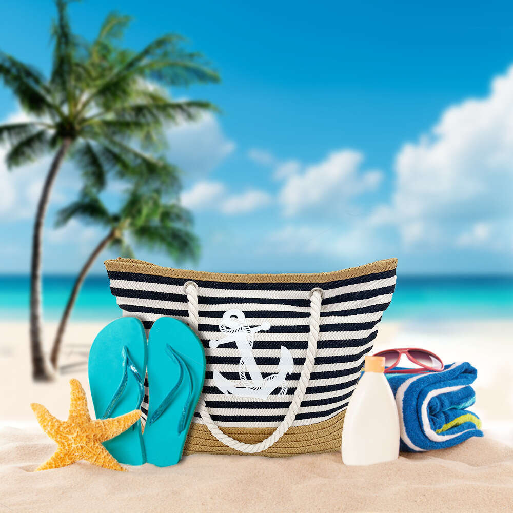 Casual Fashion Woven Summer Large Capacity Striped Canvas Straw Bag For The Beach
