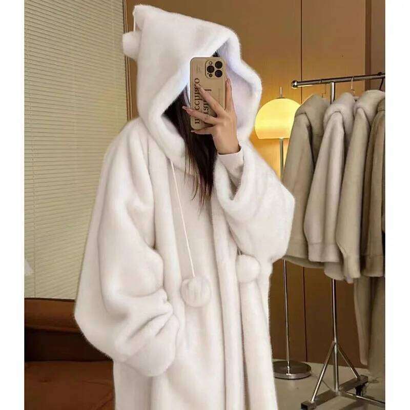 Fall Winter Hooded Mink Plush Jacket Women Overcoat Loose Long Wool Imitation Fur Eco-Friendly Thick Warm Parker Coat