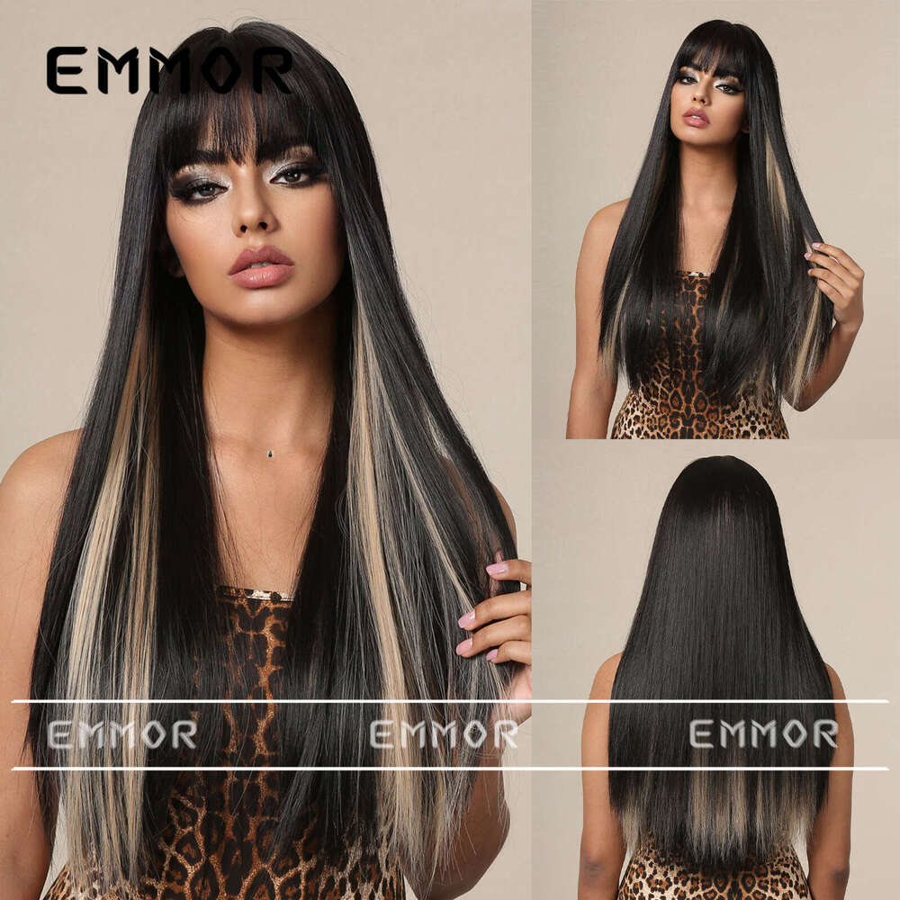 2024 New Product Bangs Champagne Brown Long Straight Elegant Goddess Wig Full Head Hairstyle Hair