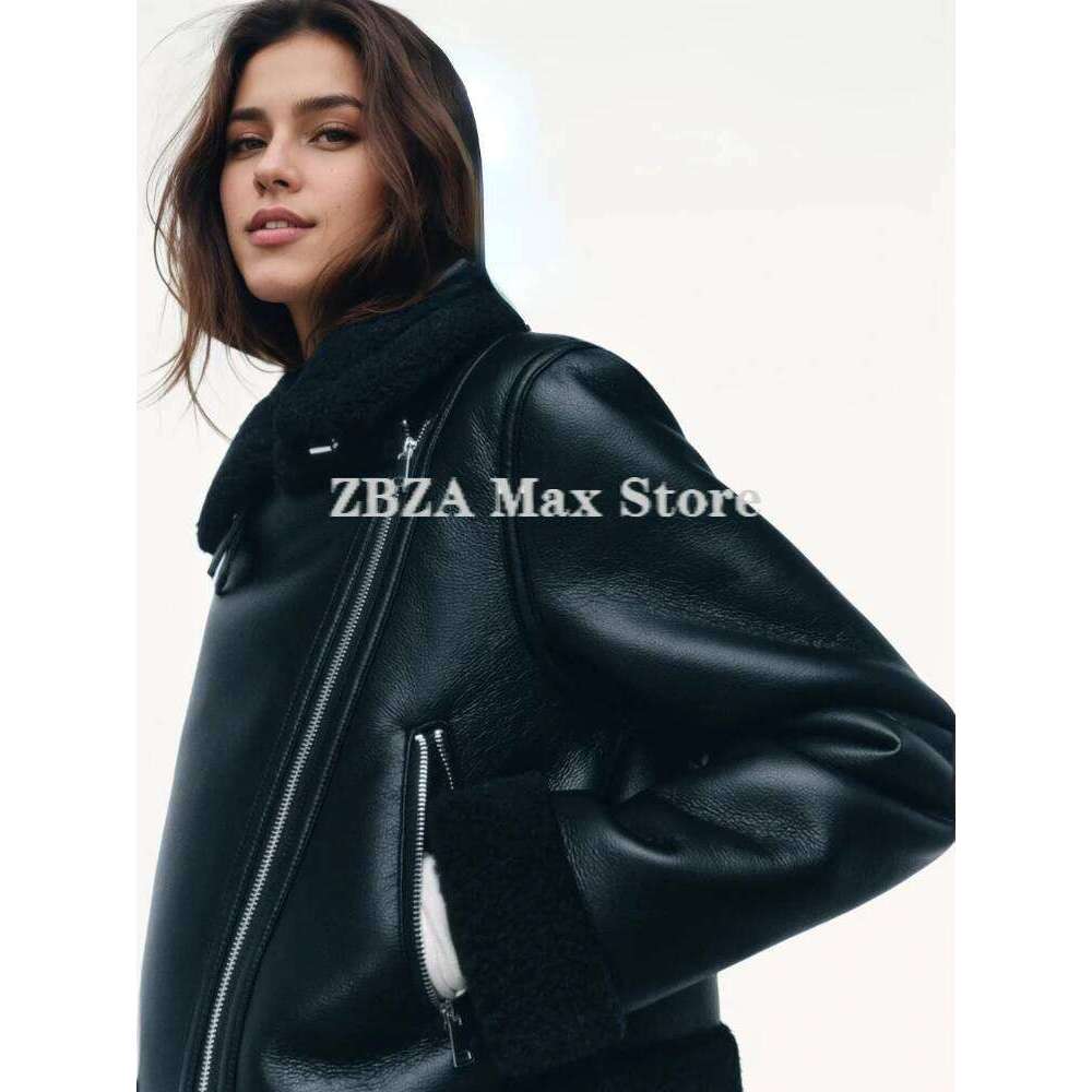 ZBZA Women Bomber Warm Jacket Coat Lapel Long Sleeve Pocket Zip Tie At Neckline Faux Leather Outerwear Fall Winter Female PU Top