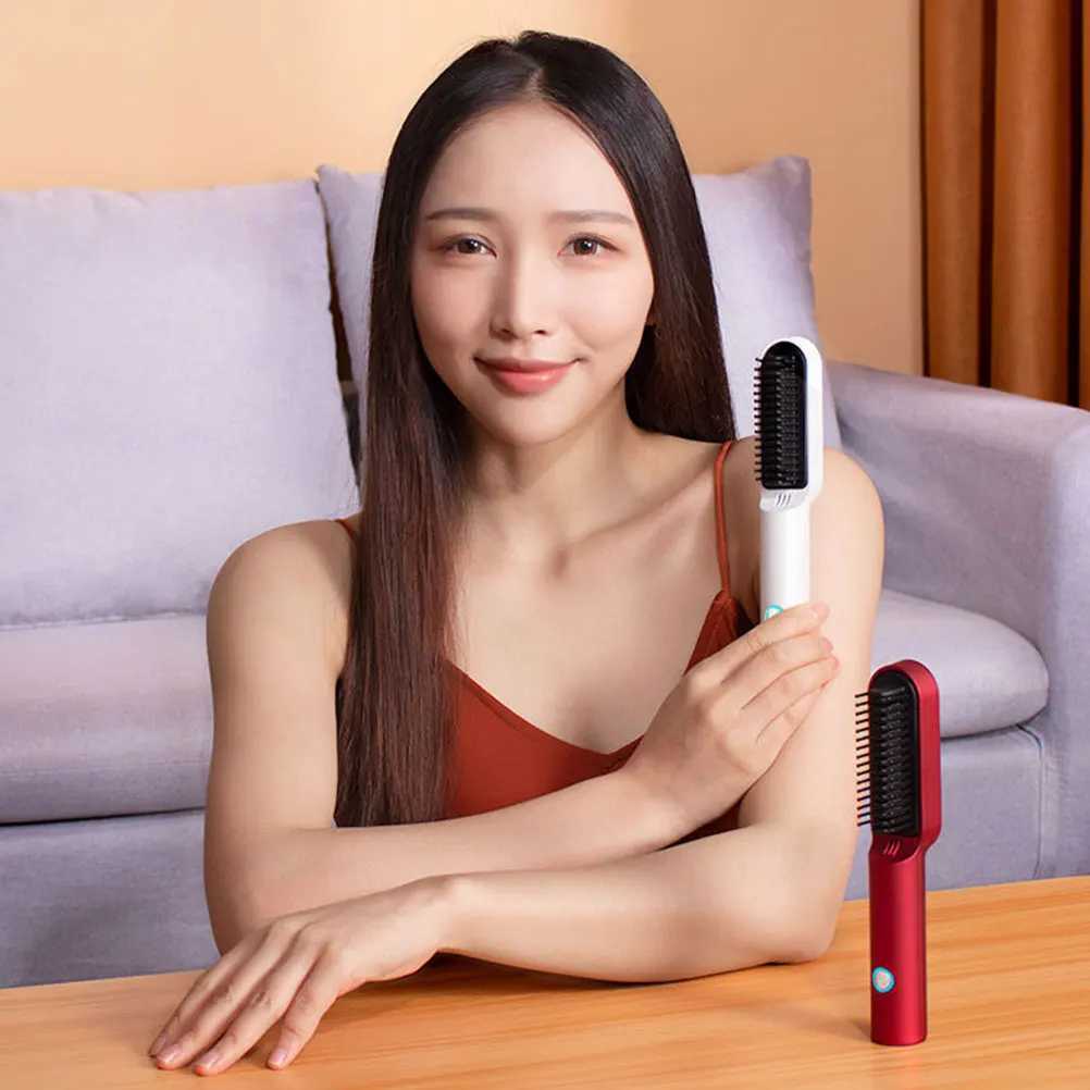 Portable Hair Straightener Comb ABS Material White Color Lightweight Easy to Carry USB Rechargeable Hairdressing Tool for Curly W250610
