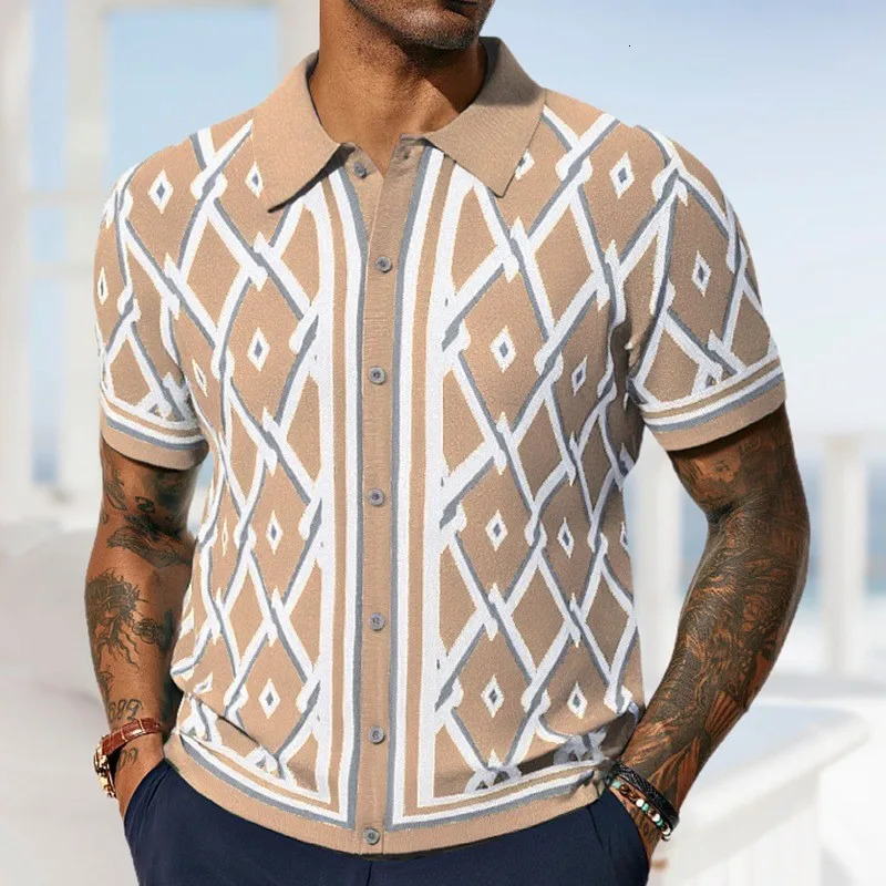 Mens Knitted Jacquard Business Polo Shirt Fashion Short Sleeve Buttondown Cardigan Vintage Leisure Knitwear Summer 250610