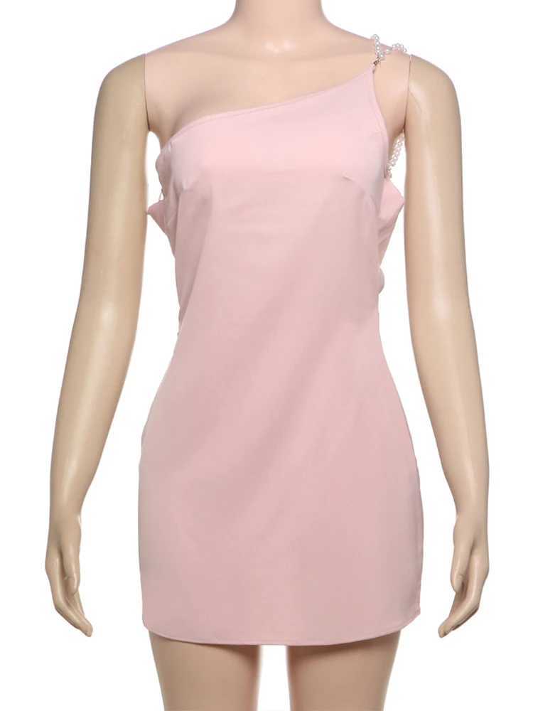 Nibber Pearl Chains Women Dress Backless Slanted Shoulders Temperament Summer Trend Solid Banquet Elegant Party Mini BodyconXJ250610