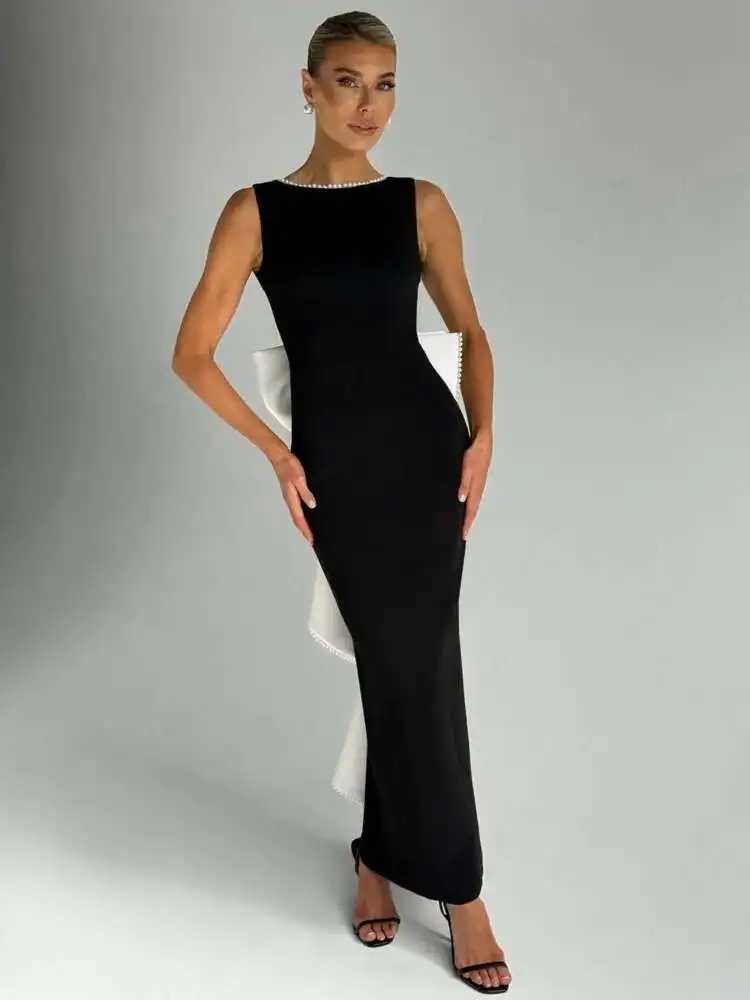 Mozision Elegant Pearl Bow Backless Sexy Maxi Dress Women Gown Fashion Sleeveless High Waist A-line Club Party Long Dress XJ250610
