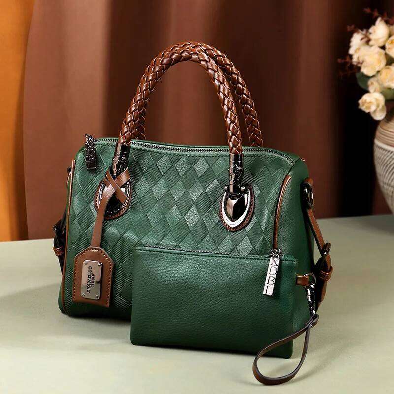 Woven Women's Handbag With Wallet 2024 Vintage European And American Checkered Women Shoulder Bag Large Capacity Boston Lady Bag