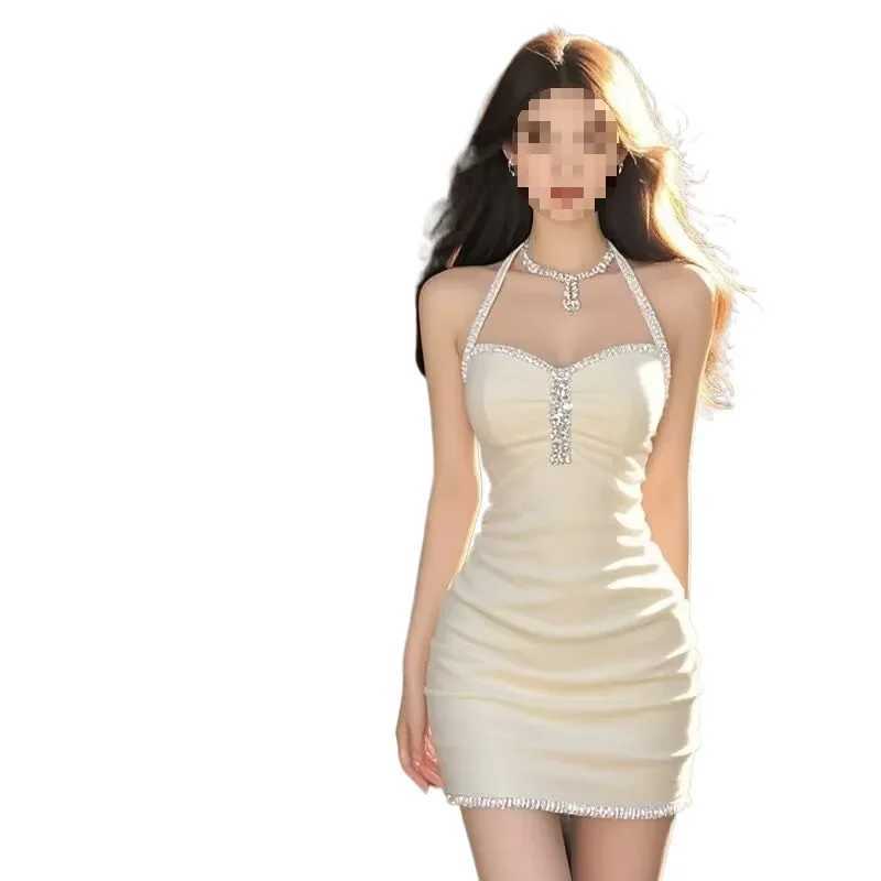 Exquisite Diamond Embedded Apricot Off-Shoulder Wrap Dress Womens Fashionable Mini Skirt High Collar Full Sleeve Gowns XJ250610