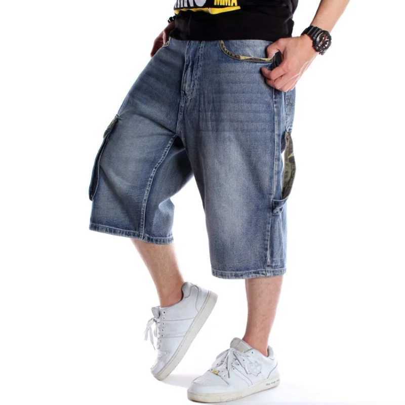 Multi-pocket European and American skateboarding pants with fat and plus size hip-hop denim shorts for men trendy cropped pants M250610