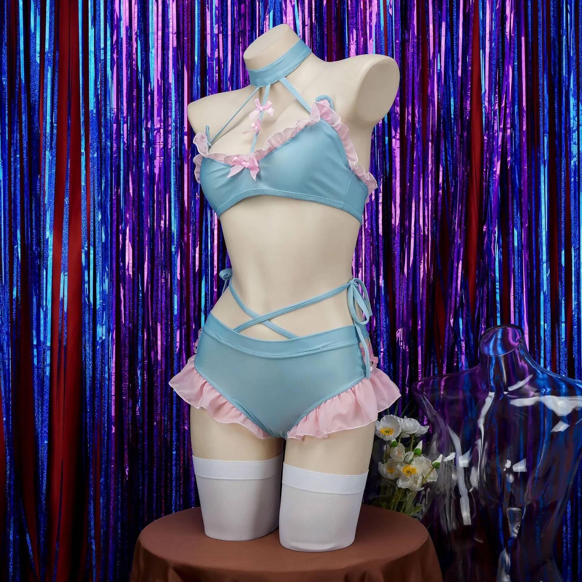 Women Blue Pink Schoolgirl Ruffled Style Bikini Set Home Wear Lingeries Cosplay Costume Outfits Sexy Split Swimsuit