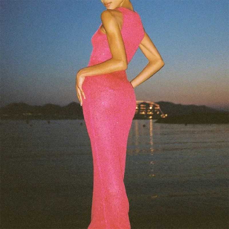 Summer Spliced. See-through Long Dress Women Casual Sleeveless Vest Long Dress Solid Color Sequined Slim Party Dress 2024 New XJ250610