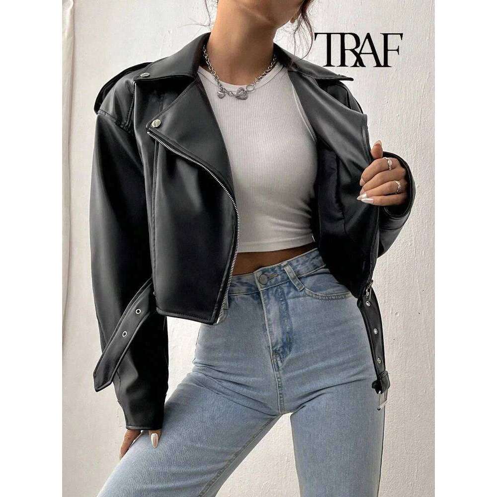 TRAF Women's Vintage Loose Belt Shoulder Badge Zipper Lapel Jacket Handsome Washed Leather Motorcycle Clothing