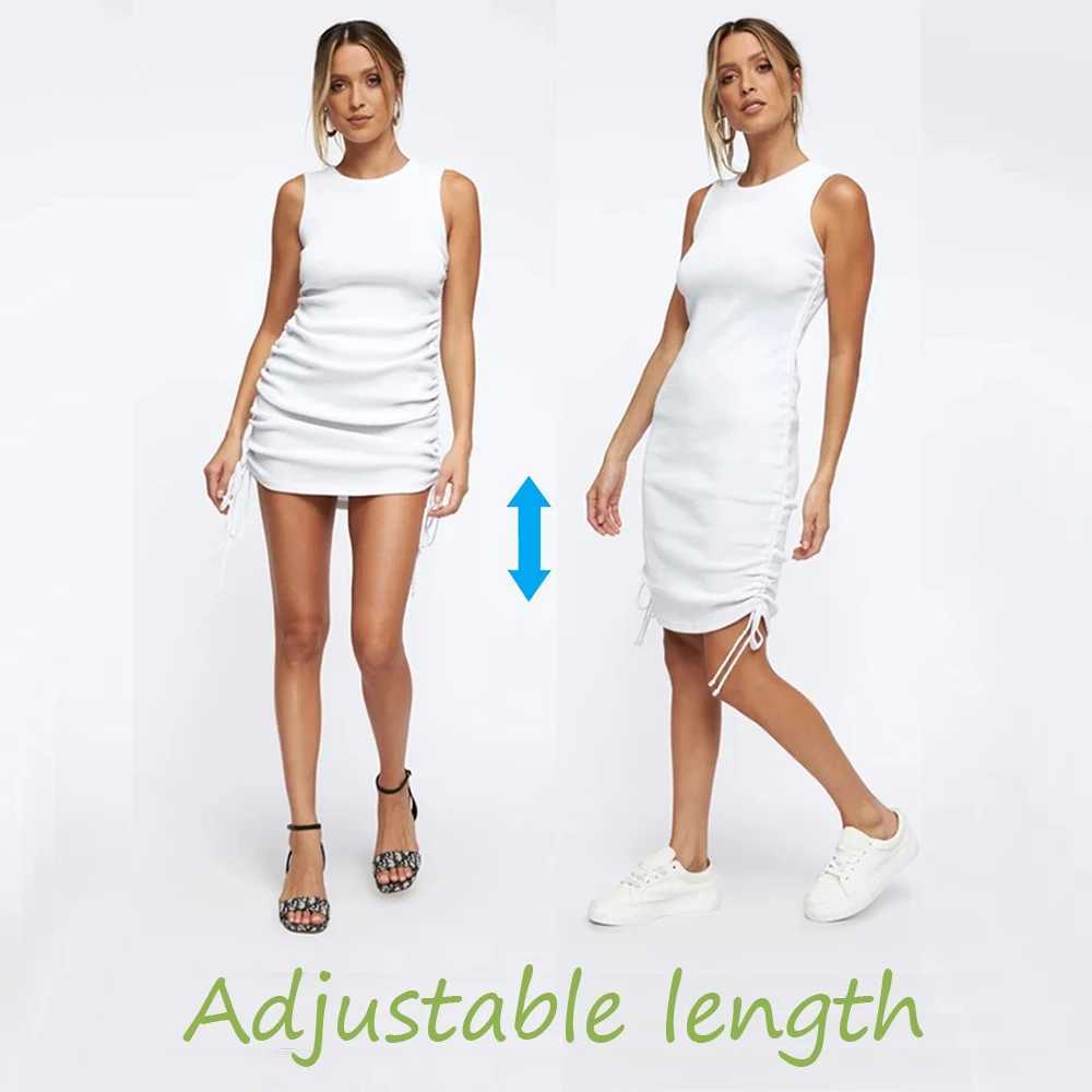 Women Ribbed Elastic Mini Dress Ruched Drawstring Adjustable Length Sexy Party O-Neck Summer Bodycon Club Wear XJ250610
