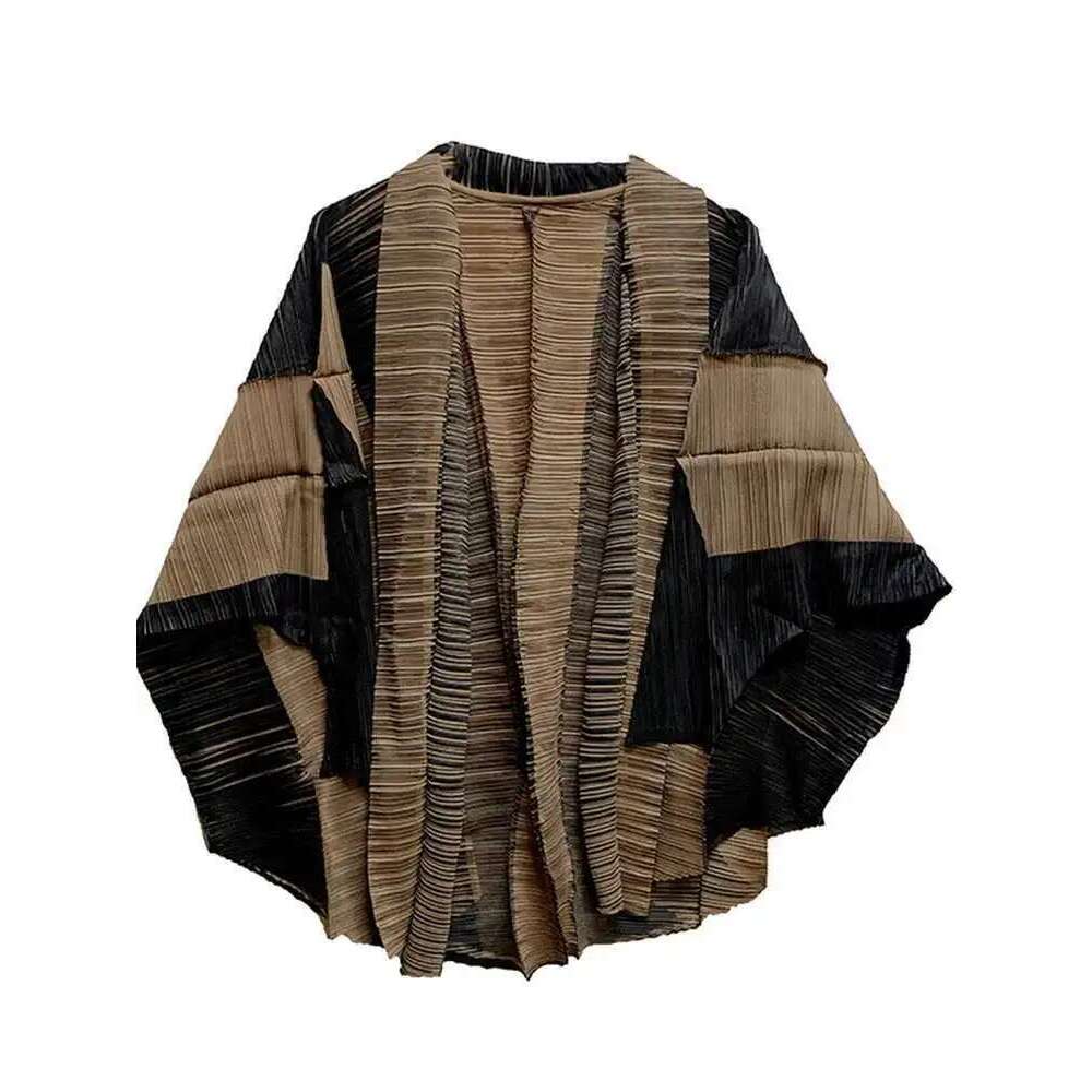 LANMREM Pleated Shirt Color Block Cardigan 2025 Summer Spring New Loose Casual Women's Sunscreen Shirts Elegant Top 2R4380