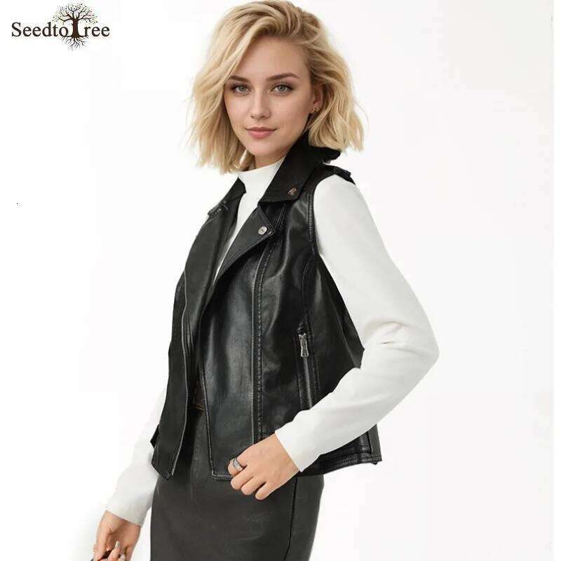 Women's Vintage Solid Color Motorcycle Vests Zipper Pockets Leather Jacket Sleeveless Women Riding Vest Motor Biker Jackets