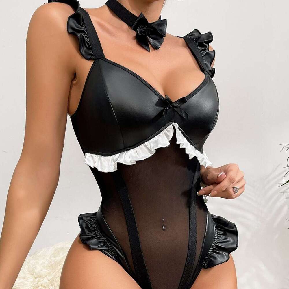 Spell Lingerie Porn Suits New Lingerie Cute Bowknot Patent Leather Uniform One Piece Sexy Set For Women Sexy Lingerie
