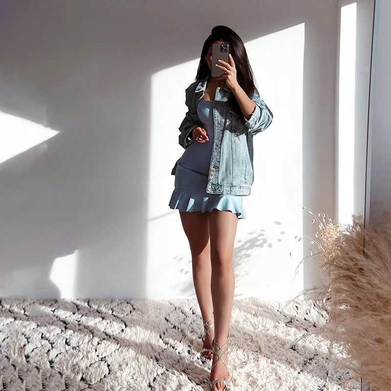 CUTENOVA Women Soft Tender Slight Blue Strapless Wrap Hipster Mini Pleated Dress Pullover Sexy Charm Outfits Girls Dating Wear XJ250610