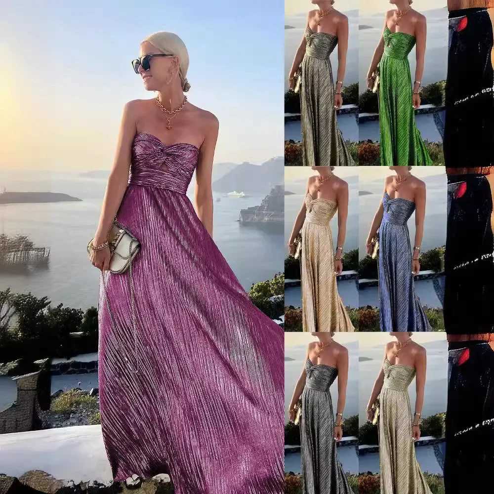 Womens S-XL Size European and American Spring Summer New Sexy Chest Wrapping and Gold Stamping Party Dress INS Casual Flare XJ250610