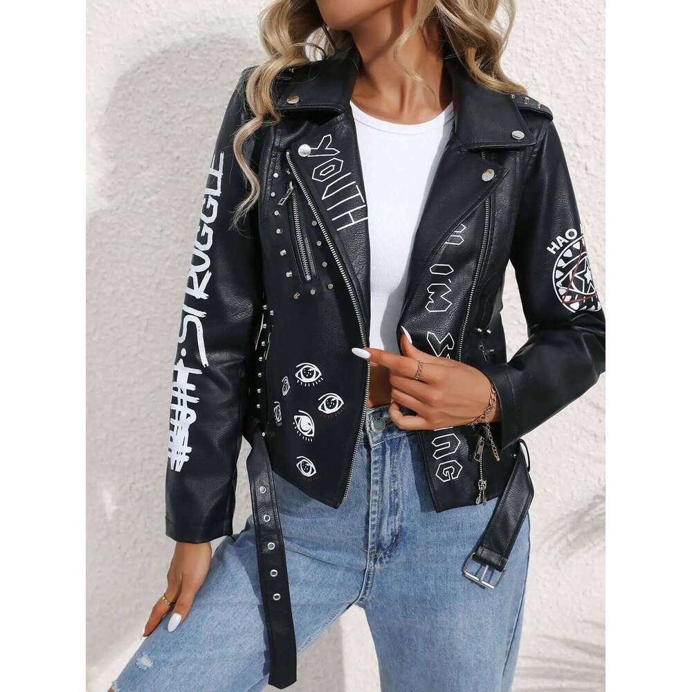 Fitaylor Women Faux PU Jacket Casual Lady Lapel Zipper Graffiti Print Leather Coat Moto Bike Rivet Outwear