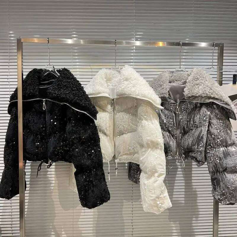 Autumn Winter Women Cotton-padded Coat Fleece Navy Collar Shiny Sequins Veet Short Parkas Casual Loose Female Wadded Jackets