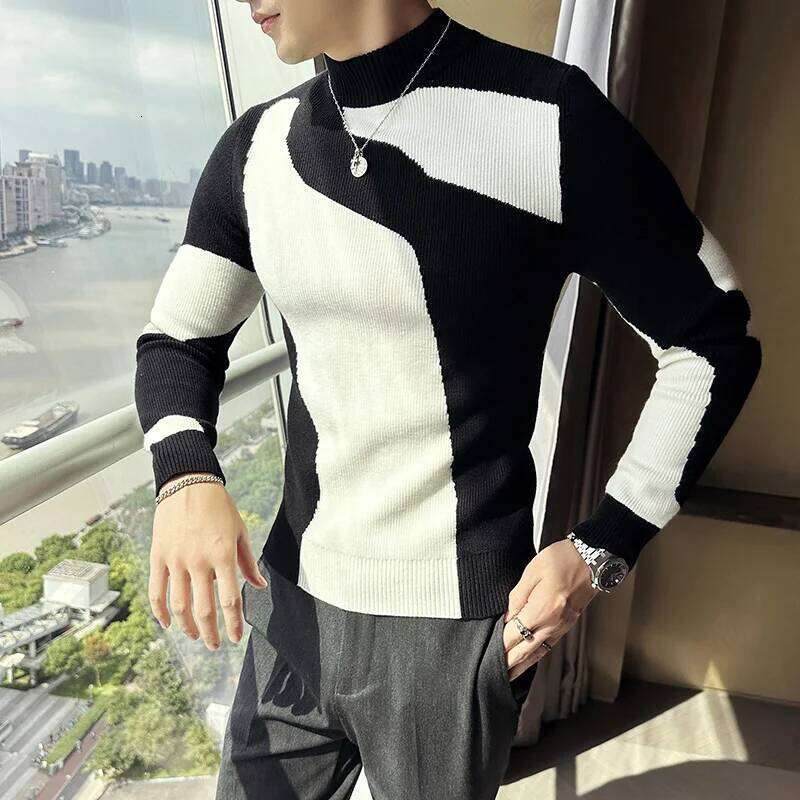 Autumn Winter New Korean Men's Clothing Fashion Patchwork Color Sweater Male Slim Fit Casual Turtleneck 4Colors