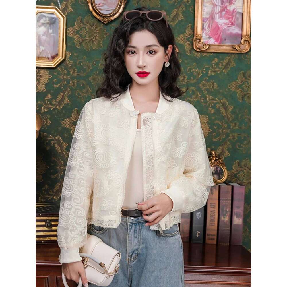Fashion Embroidered Sunscreen Short Coat Women 2025 Spring Summer New Lace Mesh Jacket