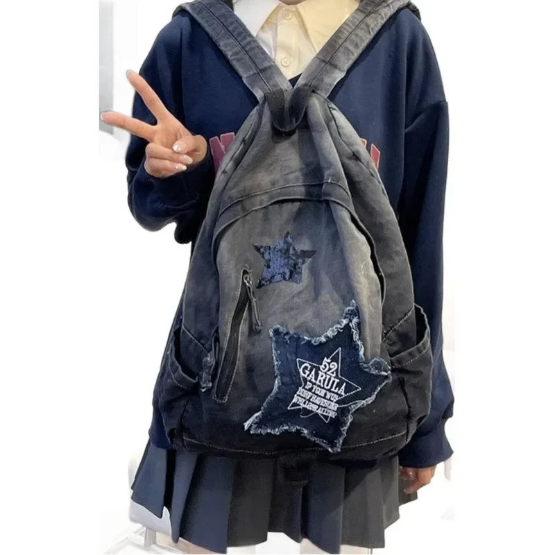 Y2K Korean Casual Denim Backpack Fashion Star Pattern Large Capacity Student Schoolbag Teenagers Vintage Punk Travel Book Bag 250606