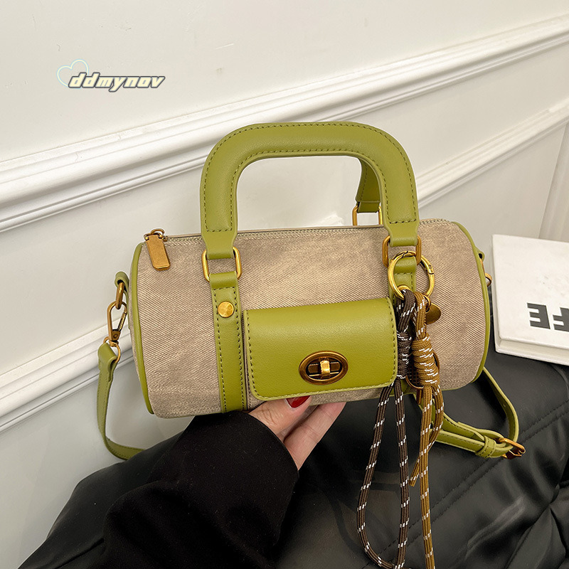 New 2025 Fashion Handbag Versatile Commuter Color-Block Tote Cylinder Single Shoulder Crossbody Bag for Women ddmynov