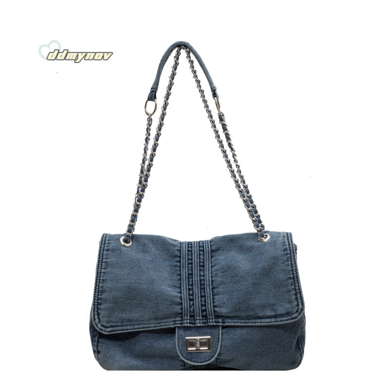 Denim Fabric for Women 2024 New Chain Shoulder Simple Fashion Commuter Large Capacity Tote Bag ddmynov