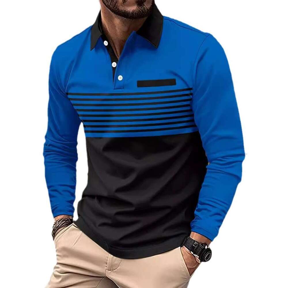 Autumn New Men's T-Shirt Casual Striped Turn-Down Collar Long Sleeve Polo Shirt B5