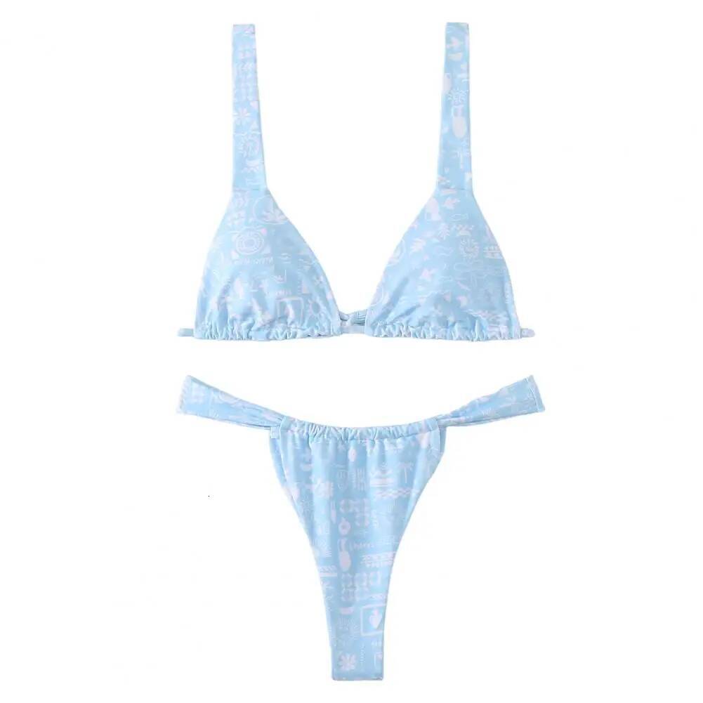 Reversible Two-piece Swimsuit Floral Print V-neck Bikini Set with High Waist Women for Summer