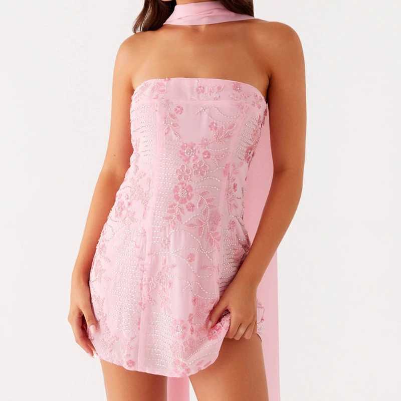 Women Sequin Strapless Mini Dress with Scarf Beaded Rhinestone Sleeveless Off Shoulder Dress Sexy Backless Cocktail Party Dress XJ250610