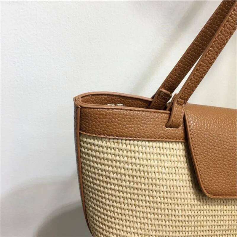 Meet You Summer Trend Retro Straw Large Capacity Patchwork Leather Tote 2025 Female Bohemian Travel Beach Bag