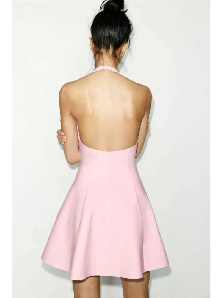 HipSeam Pleated Dress Women Spring Backless Short Halter Godet Womens Dress Female Party Dress Sexy Sleeveless Female Dresses XJ250610