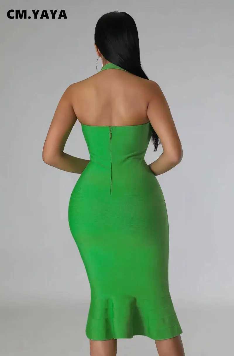 CM.YAYA Women Halter Sleeveless Ruffles Mermaid Bodycon Midi Dress 2023 Summer Sexy Clubwear Party Evening Dresses XJ250610
