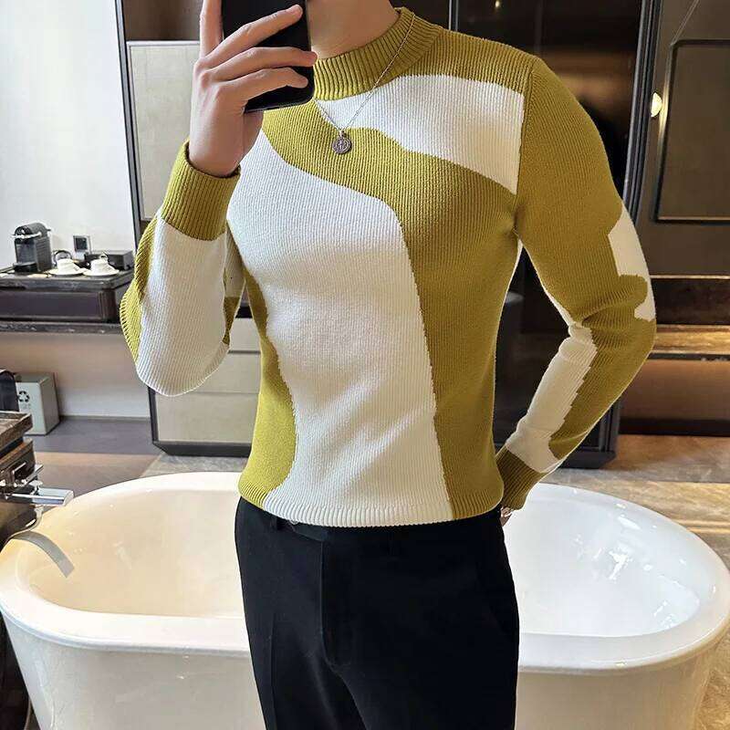 Autumn Winter New Korean Men's Clothing Fashion Patchwork Color Sweater Male Slim Fit Casual Turtleneck 4Colors
