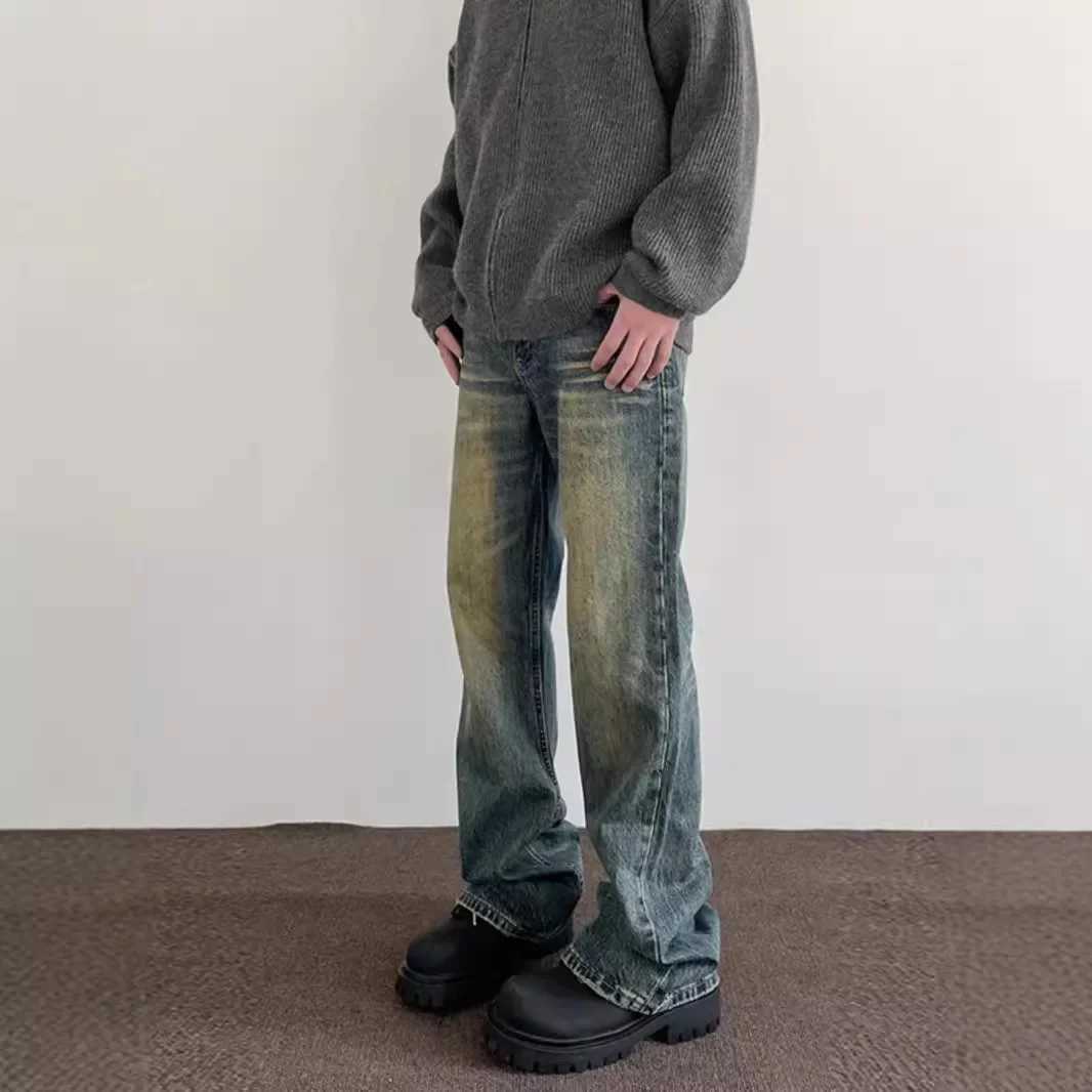 Vintage American Style Mens Straight-Leg Slimming Long Jeans Distressed Washing Denim Pants Trendy Brand Bootcut Pants M250610
