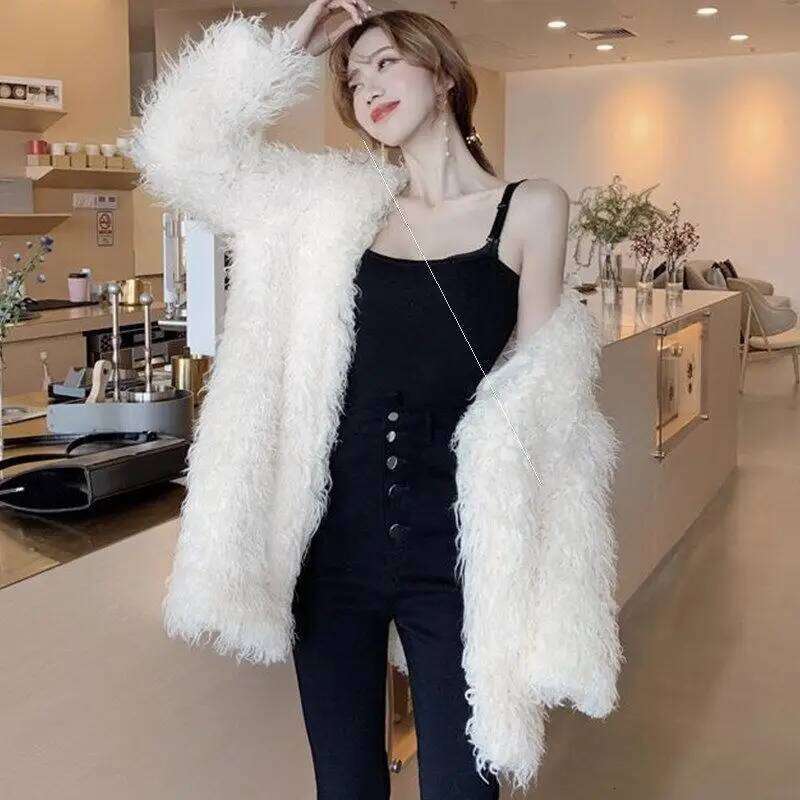 Chic Fluffy Coat Lamb Furry Faux Fur Jacket Women Streetwear Warm Design Winter Women's Clothing Outerwear