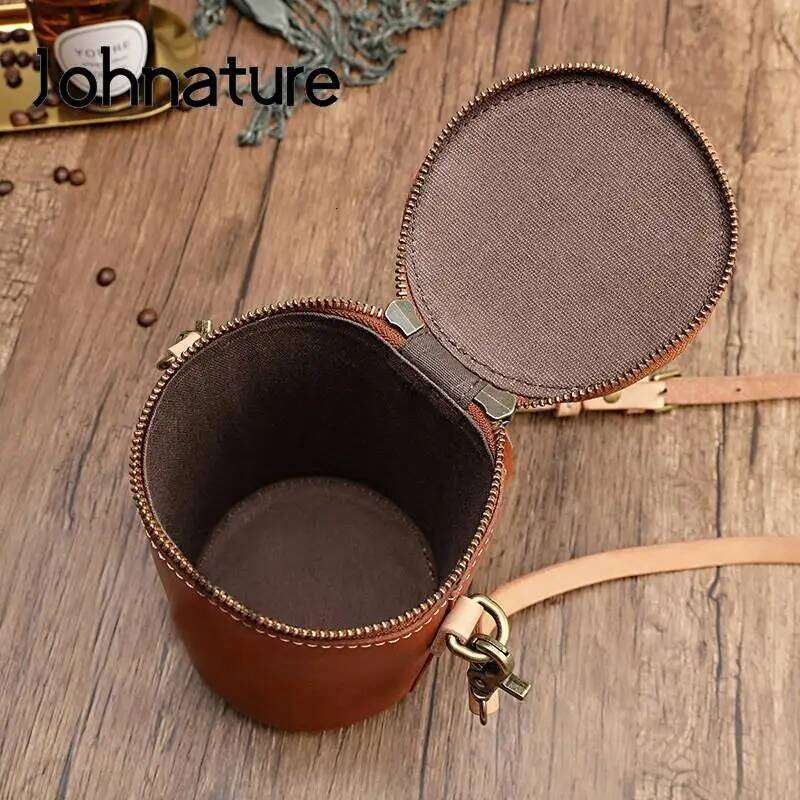 Johnature Simple Solid Color Bag Women 2025 New Genuine Leather Leisure Real Cowhide Barrel-Shaped Shoulder & Crossbody Bags