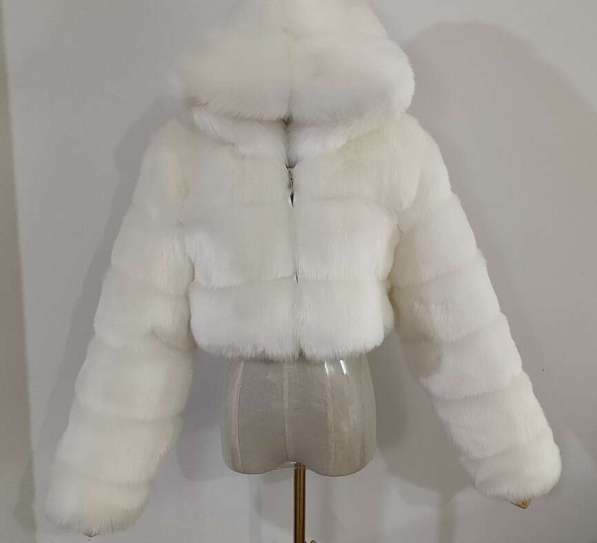 Short With Hood, Faux Fox Fur Long Sleeve Patchwork Women's Coat