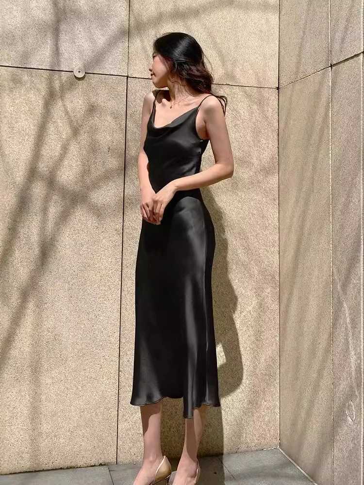 Women Satin Solid Color Swinging Collar Evening Dress Elegant Party Dresses New Summer Sexy Spaghetti Strap Backless Maxi Dress XJ250610