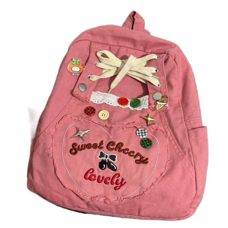 Japanese Cartoon Cute Backpack Schoolbag School Supplies Womens Bags Kawaii Bow Button High-capacity Backpacks 250606