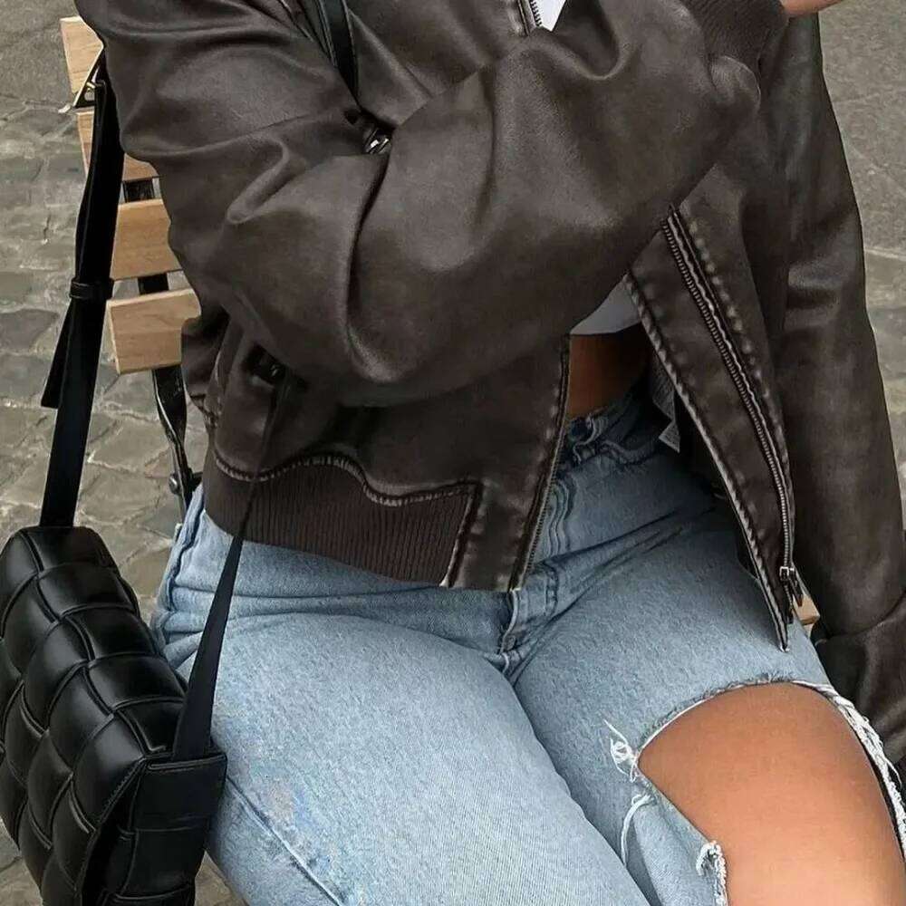 Women Washed Faux Leather Loose Jacket Vintage Gradient Zipper Short Spring Lady Locomotive Chic Eco-Friendly Leather Coat