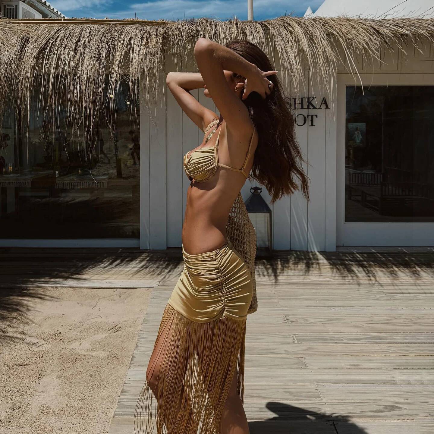 3Pcs Push Up Bikini With Tassels Skirt Sexy Women Swimsuit Female Swimwear Gloden Swim Suits Cut Out Biquini Bodysuit Beachwear